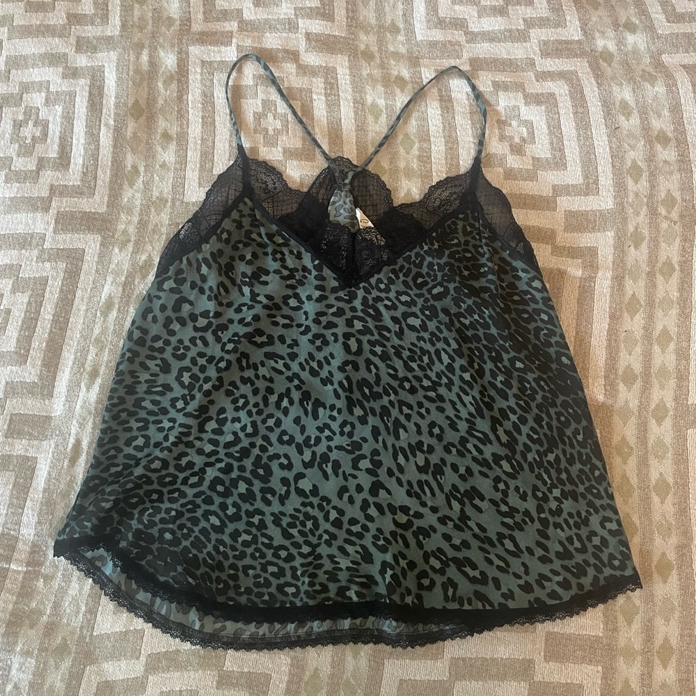 Elan Dark Green Cheetah Print Lace Trim Tank Top